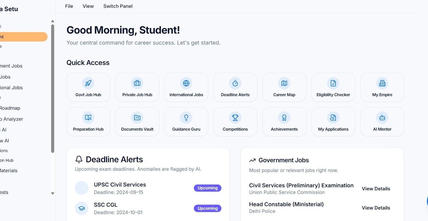 Student dashboard with quick access and alerts.
