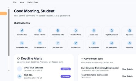 Student dashboard with quick access and alerts.