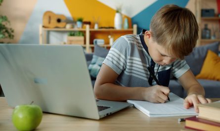 Young boy studies at a laptop and notebook.